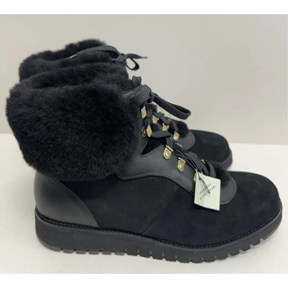 Cole Haan Winter Fur Boots Size 7.5B Womens Waterproof Black‎ Lugged Sole